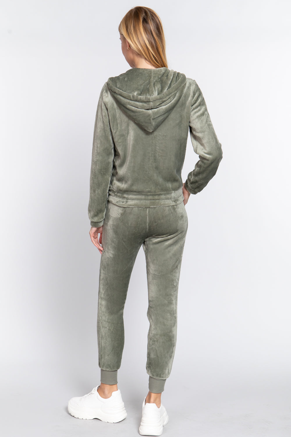 Women's Long Sleeves Hoodie Drawstring Zip-Up Faux Fur Velour Jogger Pants Set