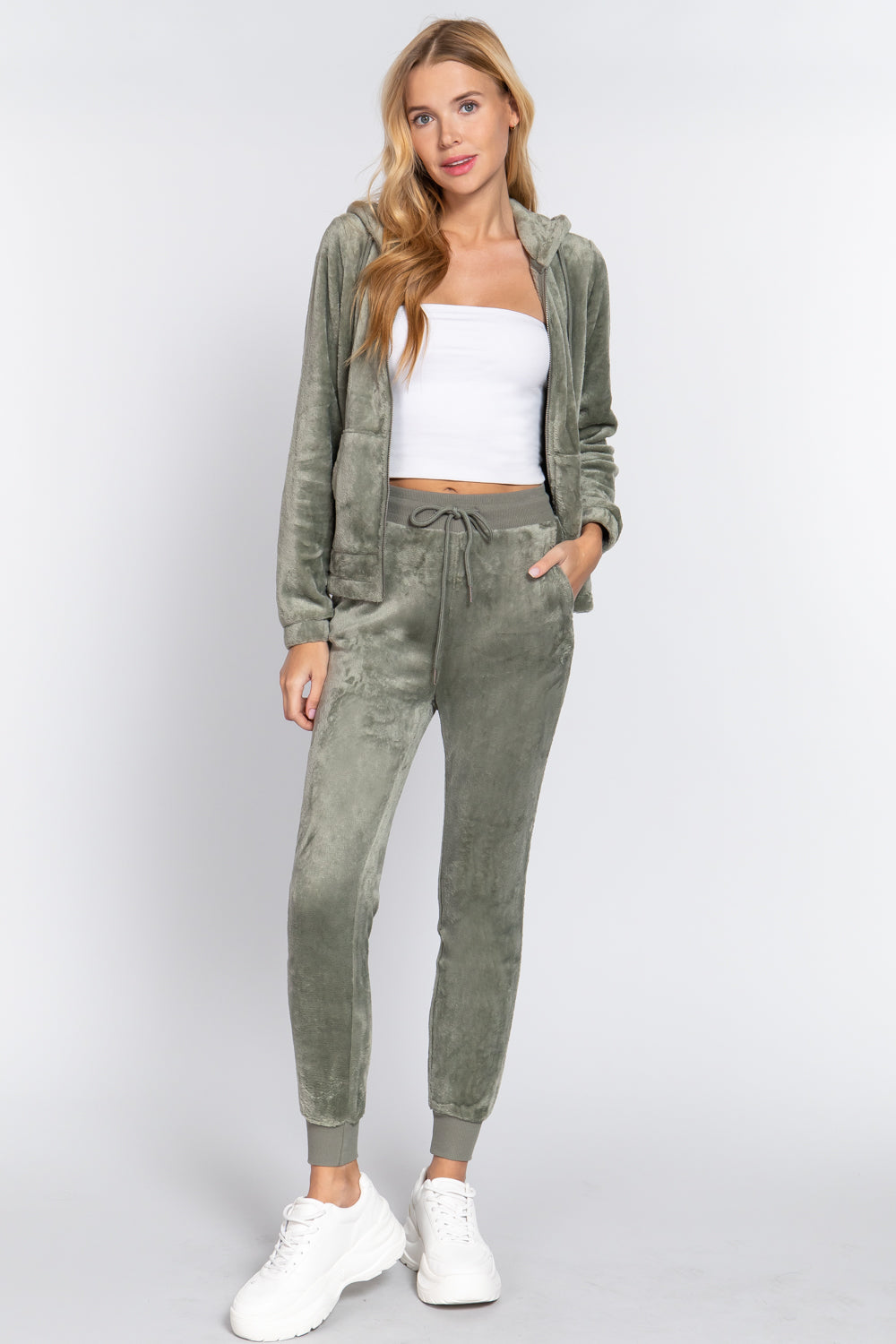 Women's Long Sleeves Hoodie Drawstring Zip-Up Faux Fur Velour Jogger Pants Set