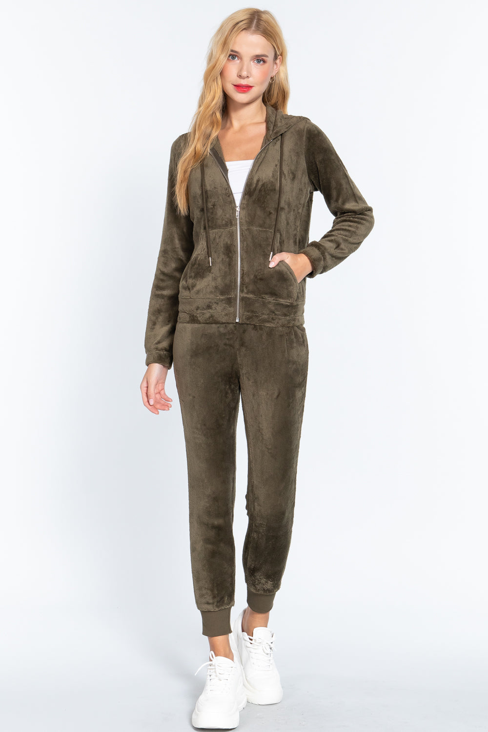 Women's Long Sleeves Hoodie Drawstring Zip-Up Faux Fur Velour Jogger Pants Set