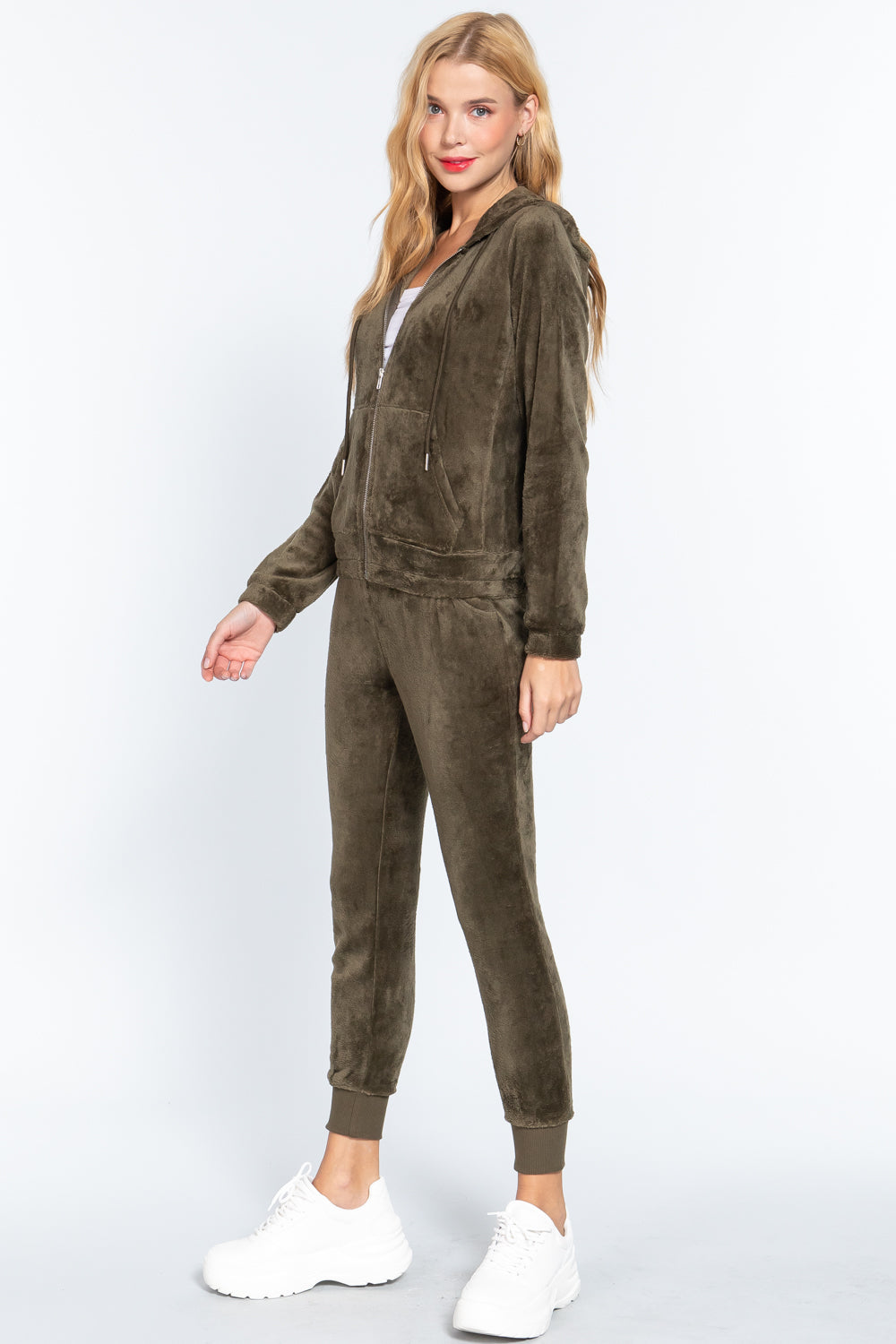 Women's Long Sleeves Hoodie Drawstring Zip-Up Faux Fur Velour Jogger Pants Set