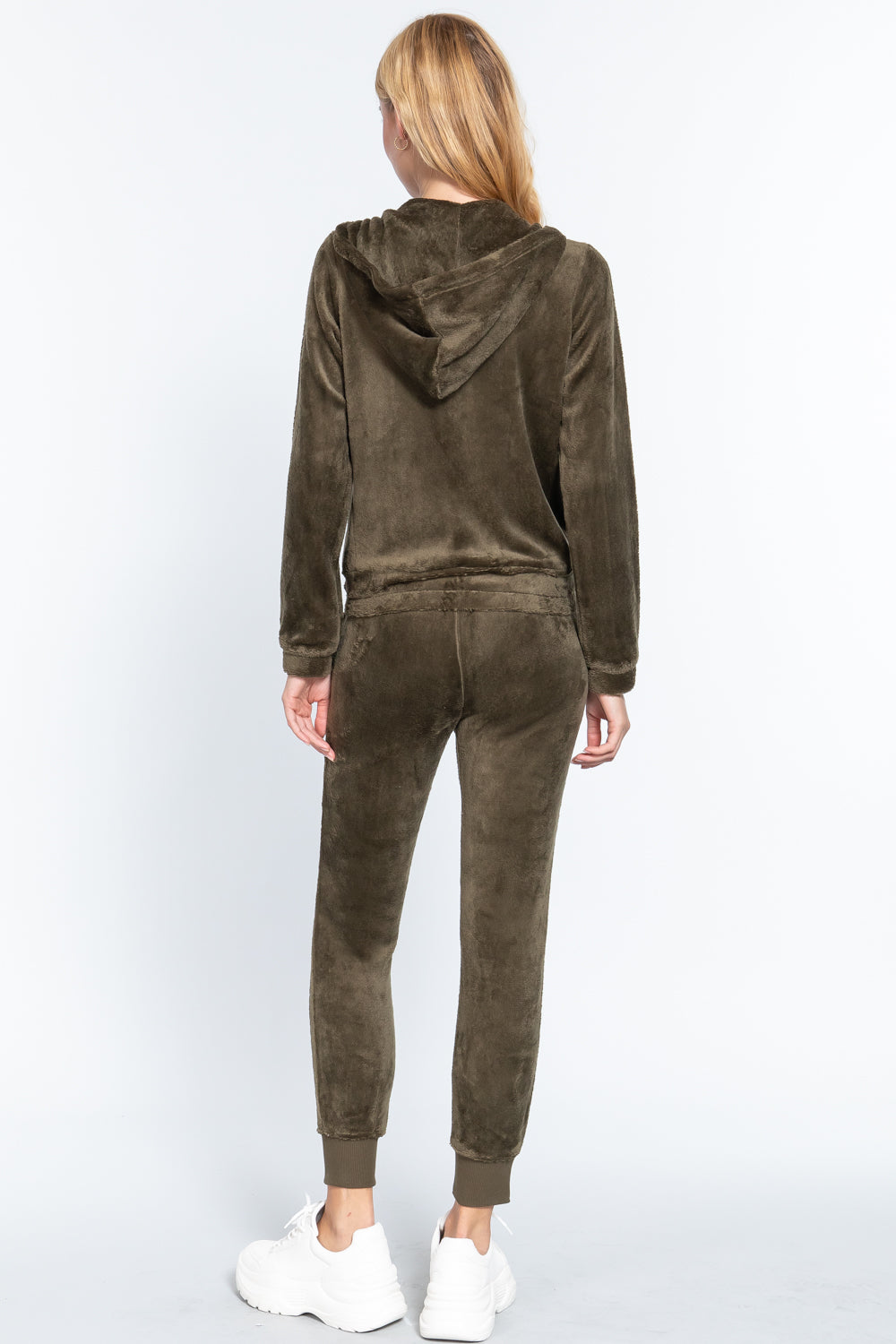 Women's Long Sleeves Hoodie Drawstring Zip-Up Faux Fur Velour Jogger Pants Set