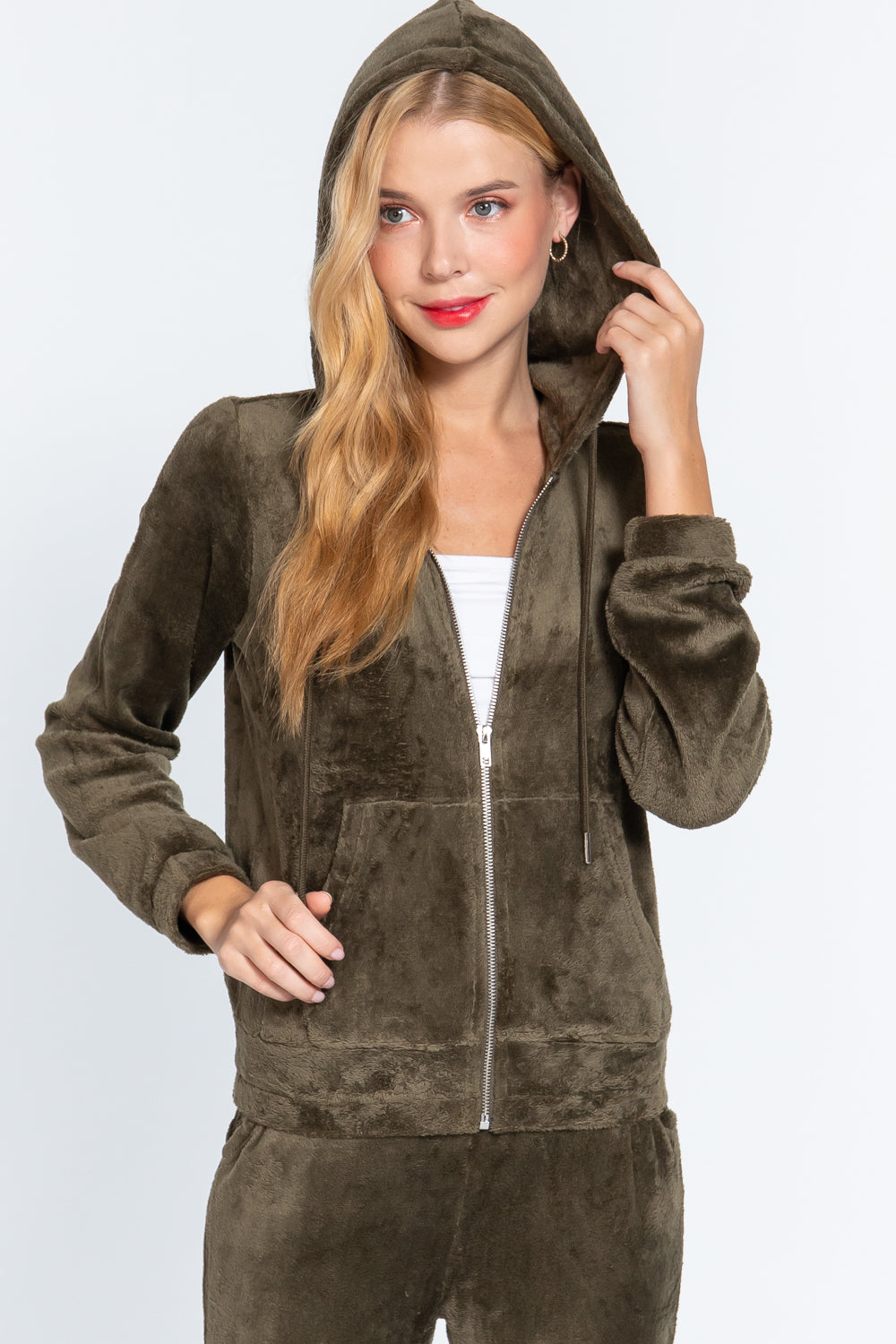 Women's Long Sleeves Hoodie Drawstring Zip-Up Faux Fur Velour Jogger Pants Set
