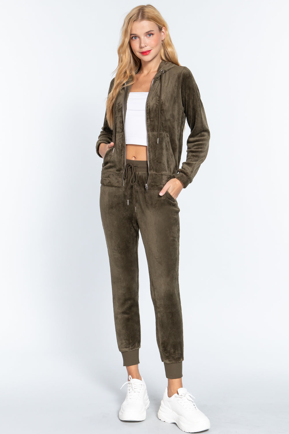 Women's Long Sleeves Hoodie Drawstring Zip-Up Faux Fur Velour Jogger Pants Set