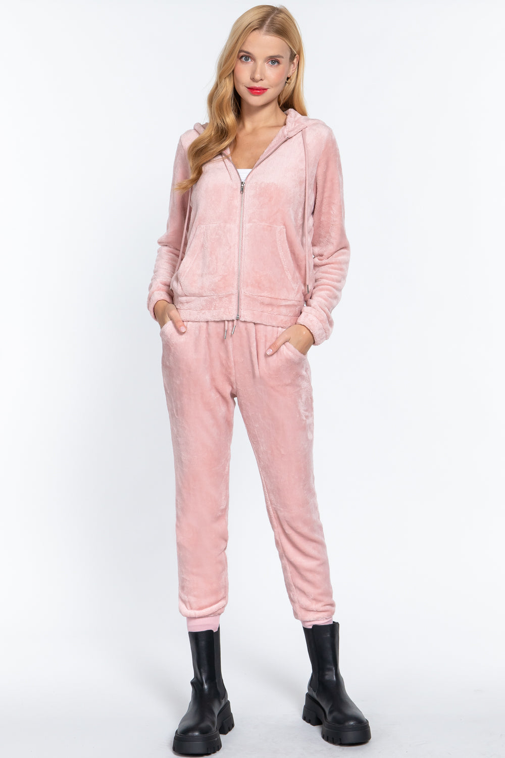 Women's Long Sleeves Hoodie Drawstring Zip-Up Faux Fur Velour Jogger Pants Set