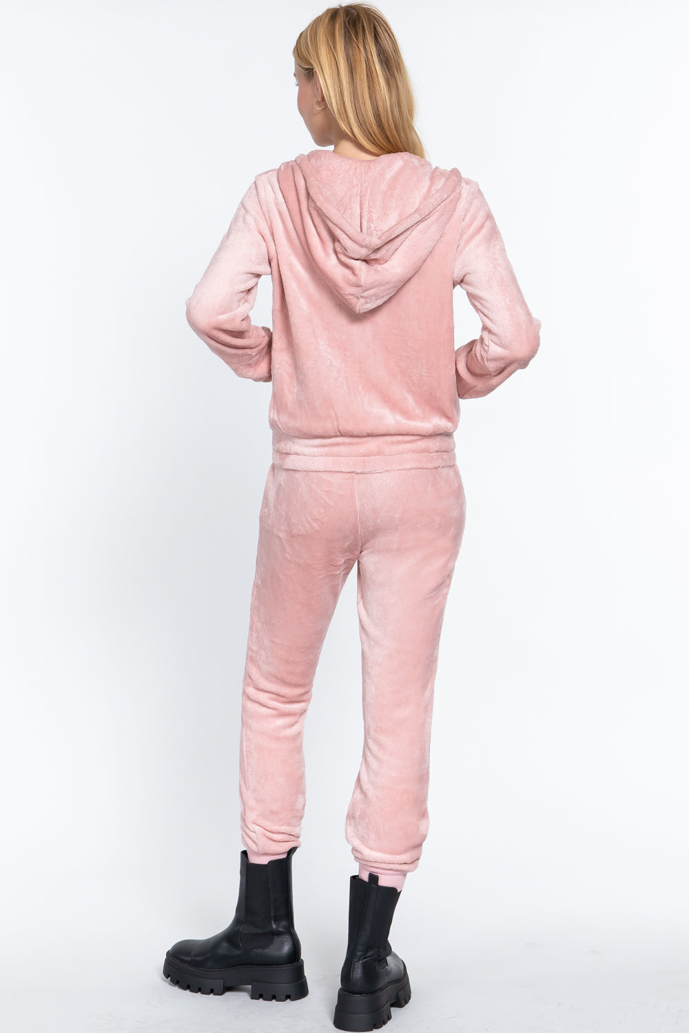 Women's Long Sleeves Hoodie Drawstring Zip-Up Faux Fur Velour Jogger Pants Set