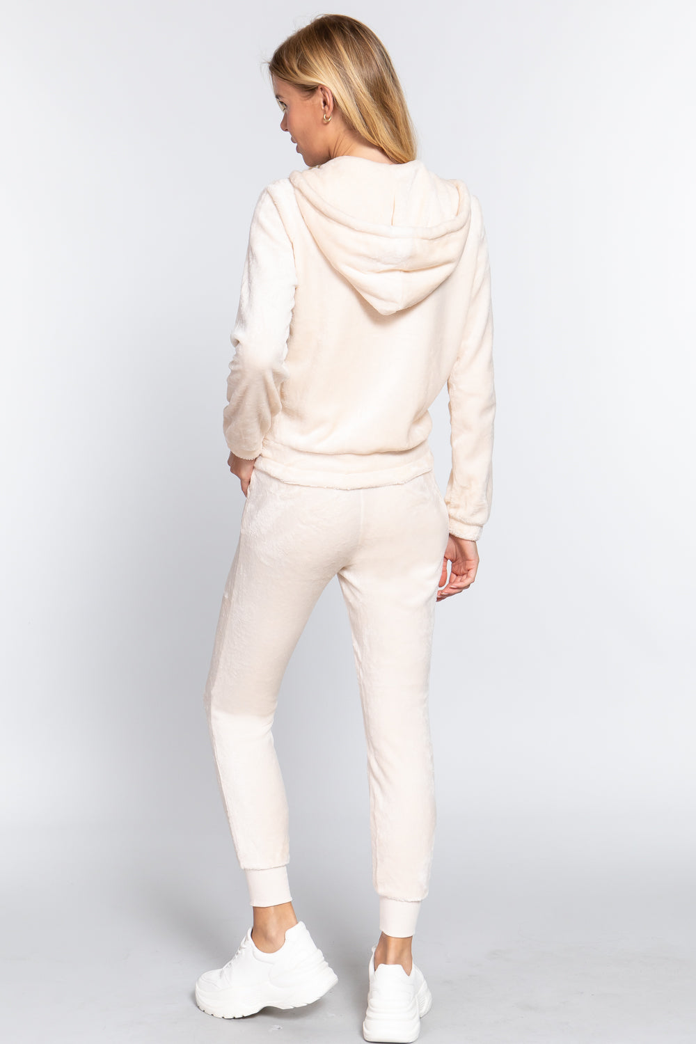 Women's Long Sleeves Hoodie Drawstring Zip-Up Faux Fur Velour Jogger Pants Set