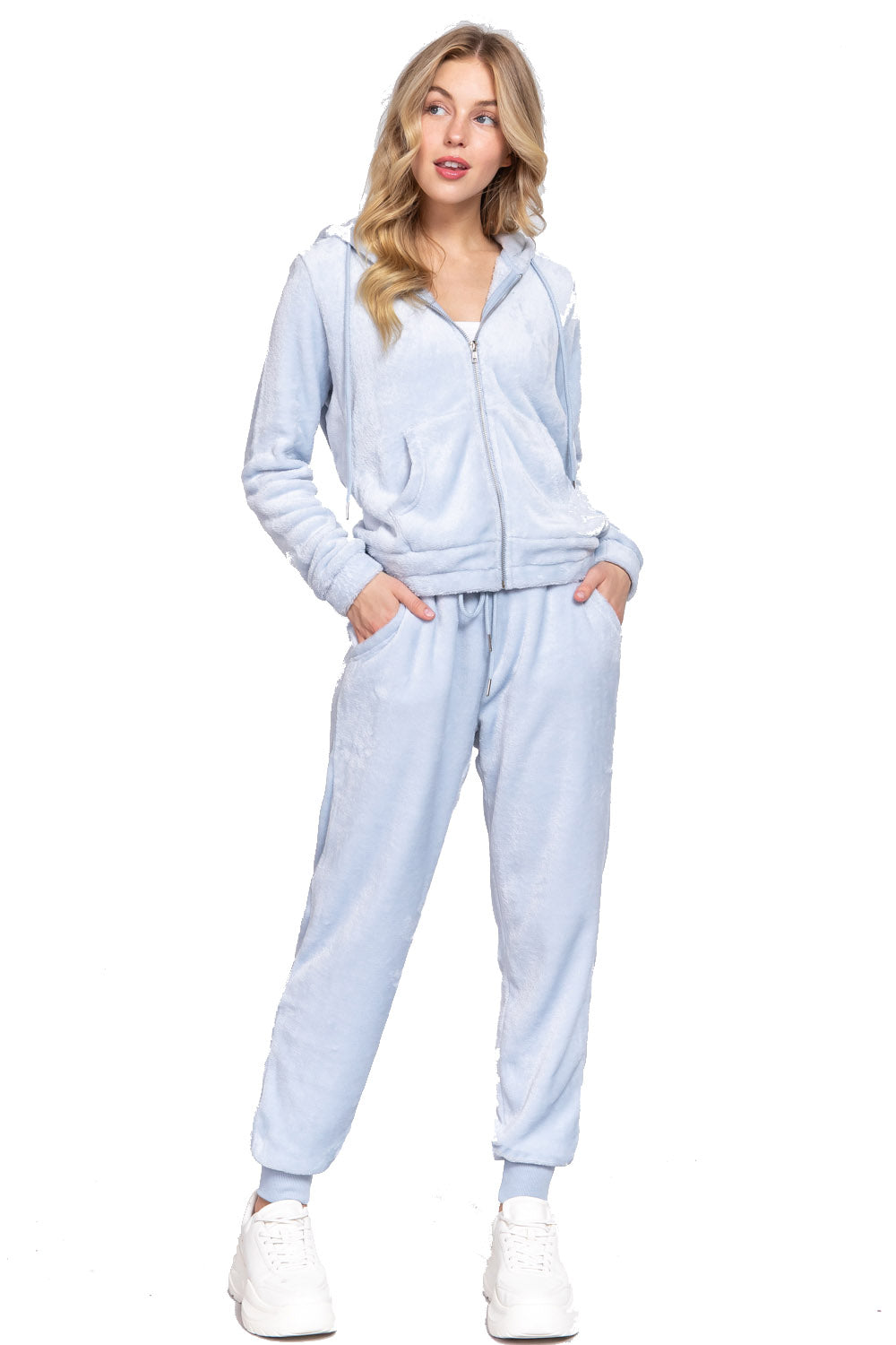 Women's Long Sleeves Hoodie Drawstring Zip-Up Faux Fur Velour Jogger Pants Set