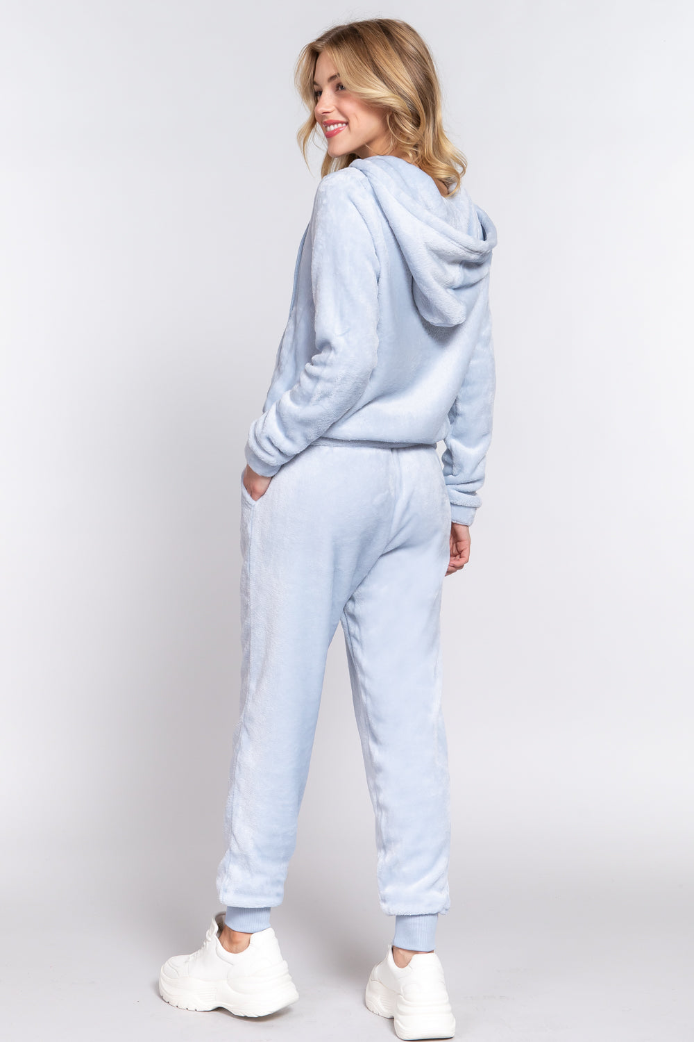 Women's Long Sleeves Hoodie Drawstring Zip-Up Faux Fur Velour Jogger Pants Set