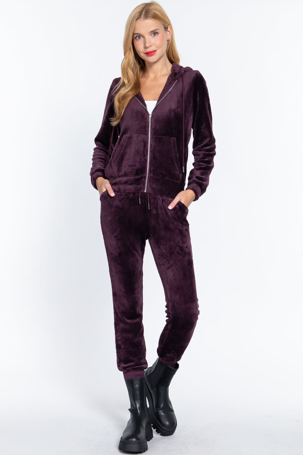 Women's Long Sleeves Hoodie Drawstring Zip-Up Faux Fur Velour Jogger Pants Set