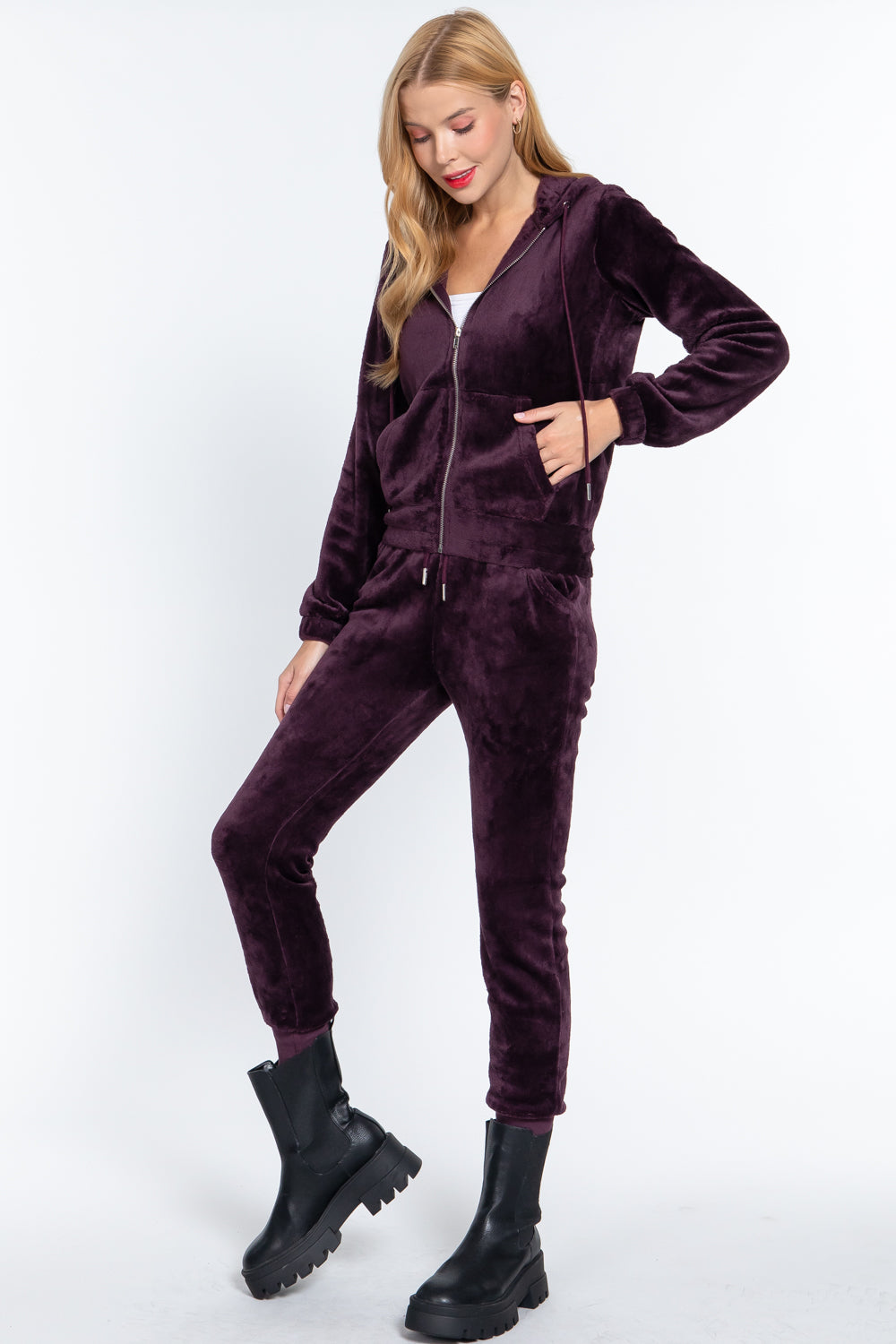 Women's Long Sleeves Hoodie Drawstring Zip-Up Faux Fur Velour Jogger Pants Set