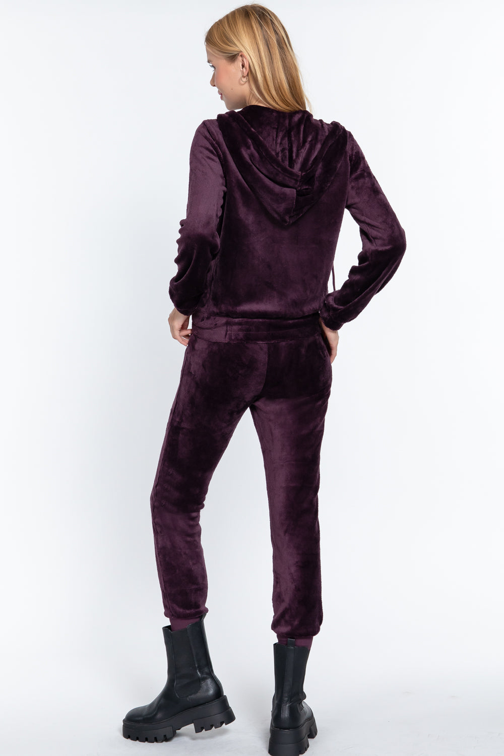 Women's Long Sleeves Hoodie Drawstring Zip-Up Faux Fur Velour Jogger Pants Set