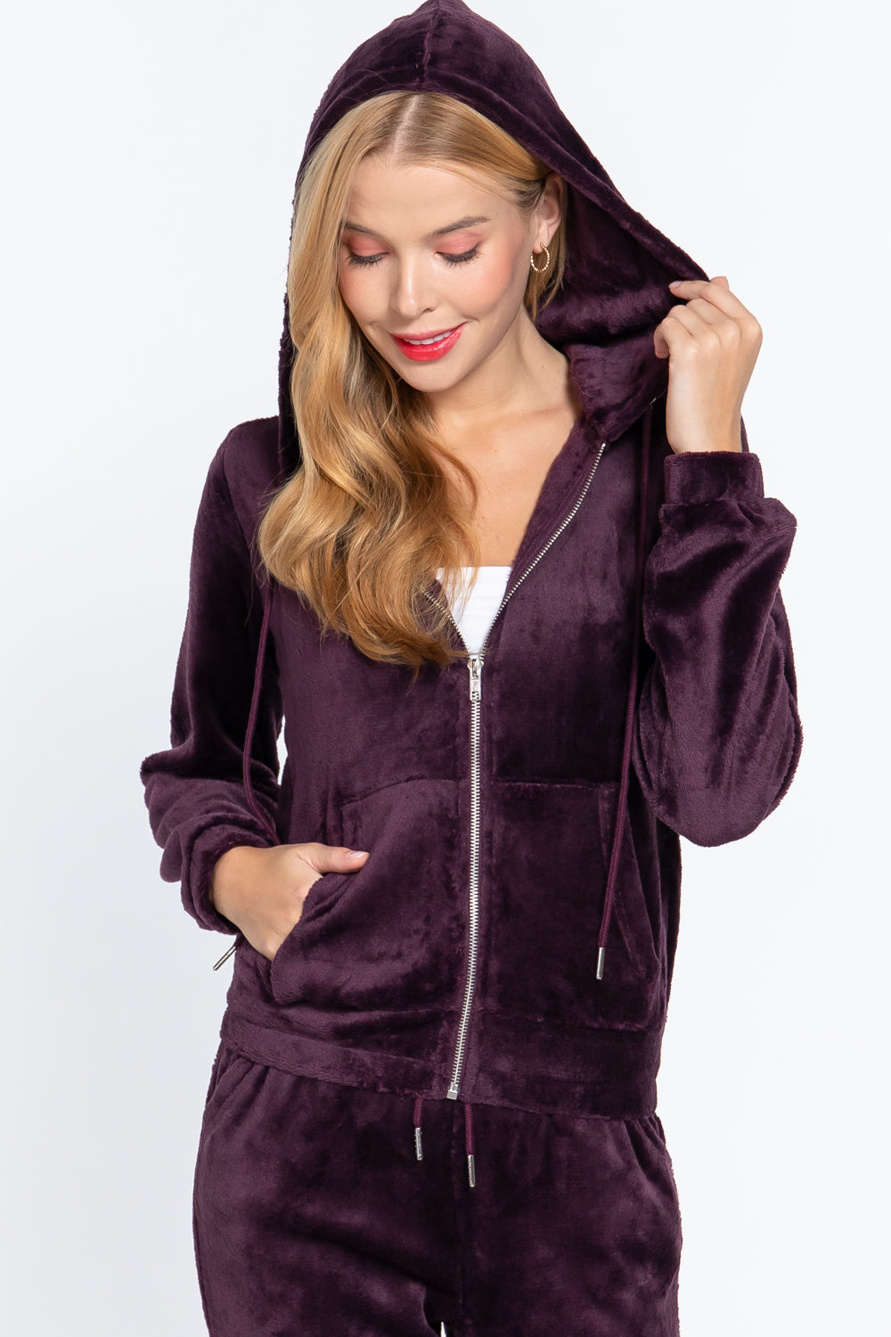 Women's Long Sleeves Hoodie Drawstring Zip-Up Faux Fur Velour Jogger Pants Set