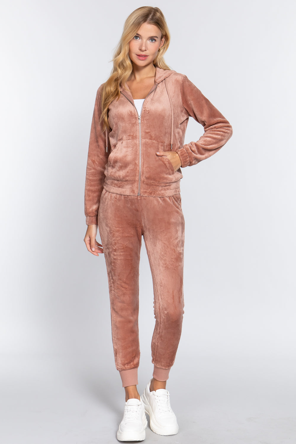 Women's Long Sleeves Hoodie Drawstring Zip-Up Faux Fur Velour Jogger Pants Set