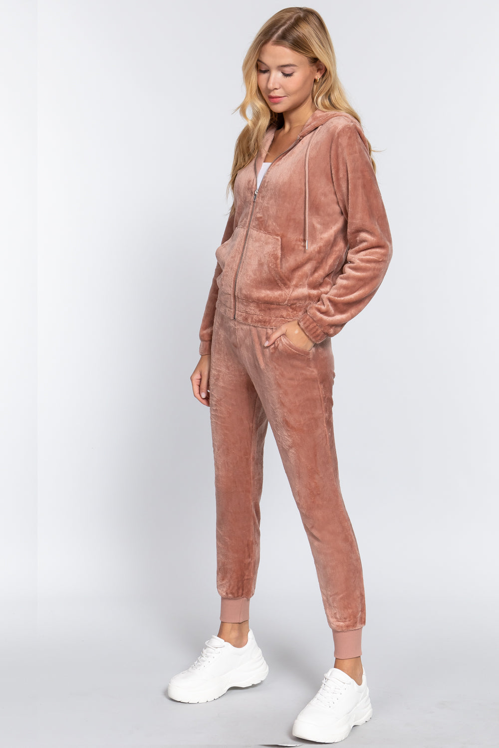 Women's Long Sleeves Hoodie Drawstring Zip-Up Faux Fur Velour Jogger Pants Set