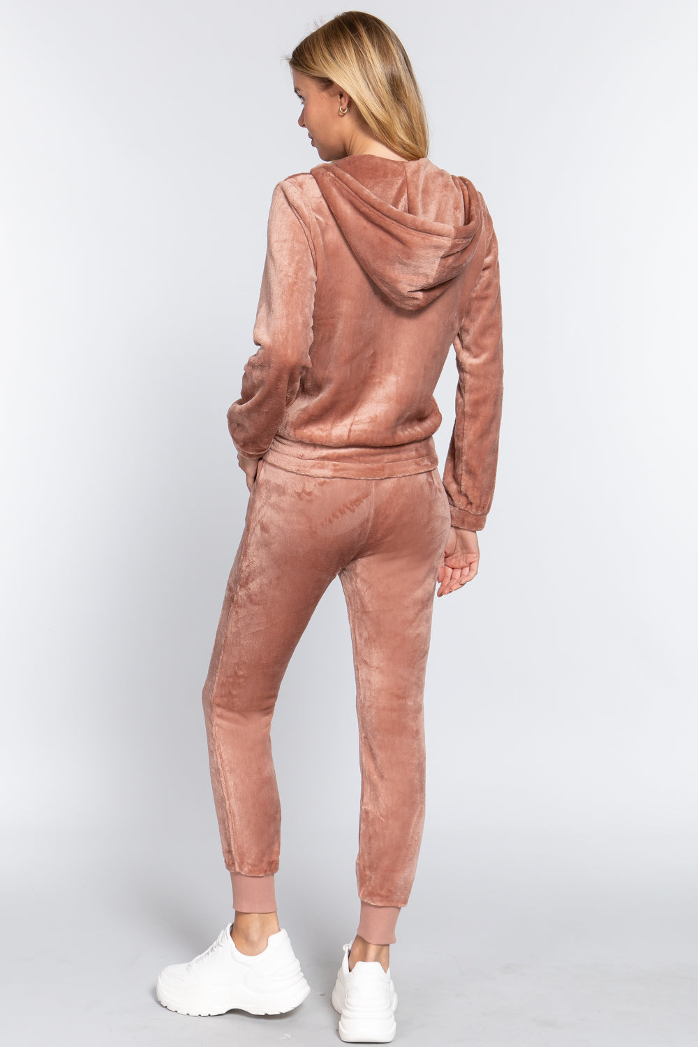 Women's Long Sleeves Hoodie Drawstring Zip-Up Faux Fur Velour Jogger Pants Set