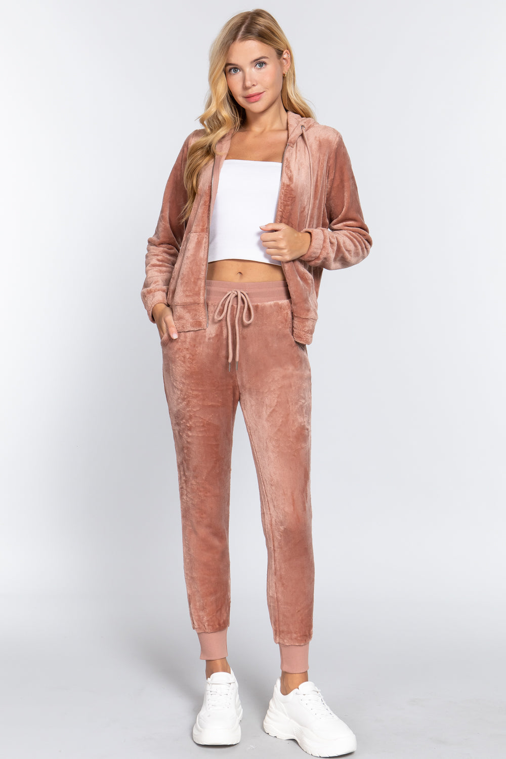 Women's Long Sleeves Hoodie Drawstring Zip-Up Faux Fur Velour Jogger Pants Set
