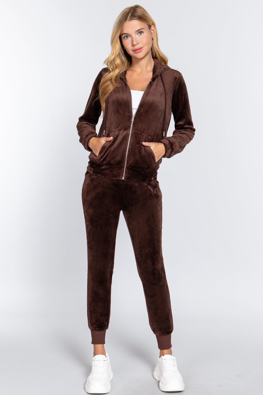 Women's Long Sleeves Hoodie Drawstring Zip-Up Faux Fur Velour Jogger Pants Set