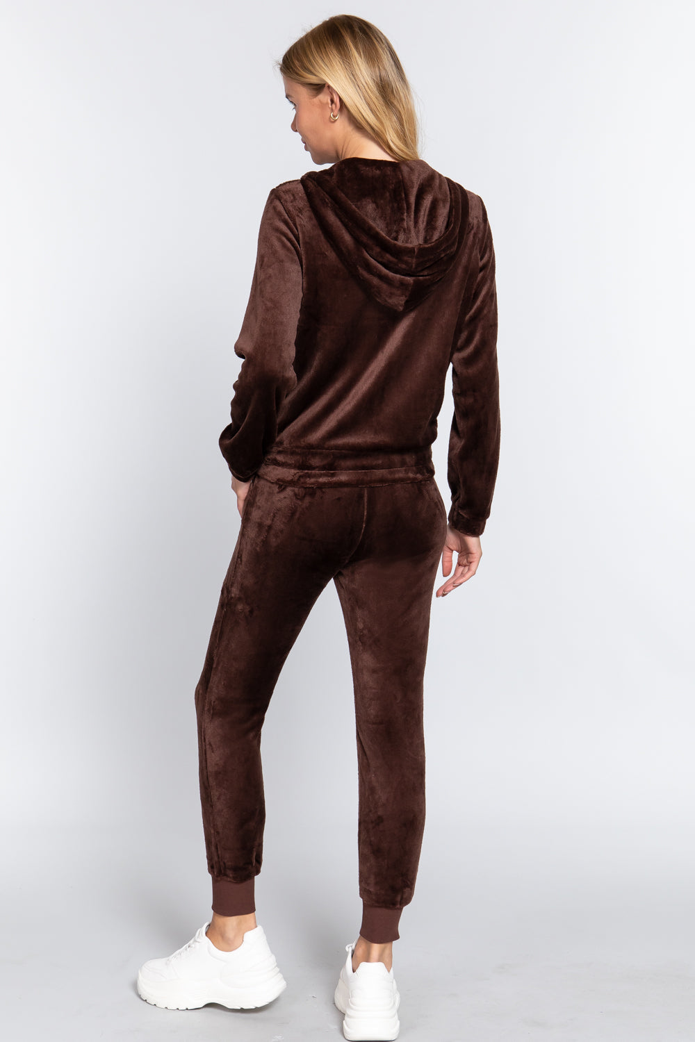 Women's Long Sleeves Hoodie Drawstring Zip-Up Faux Fur Velour Jogger Pants Set