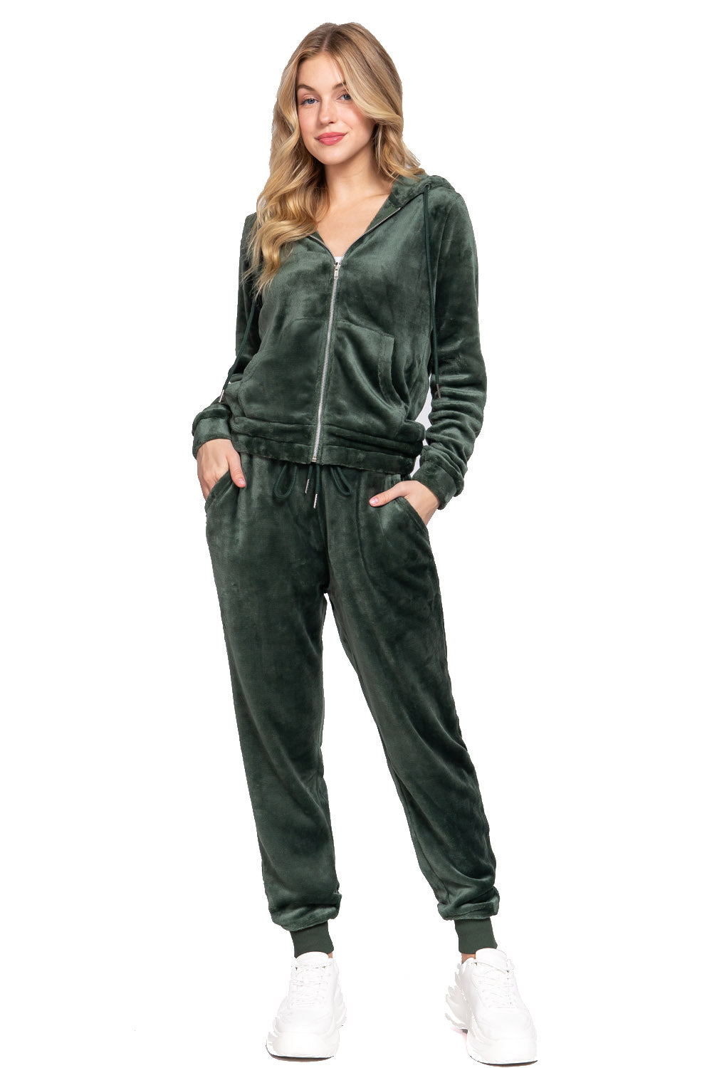 Women's Long Sleeves Hoodie Drawstring Zip-Up Faux Fur Velour Jogger Pants Set