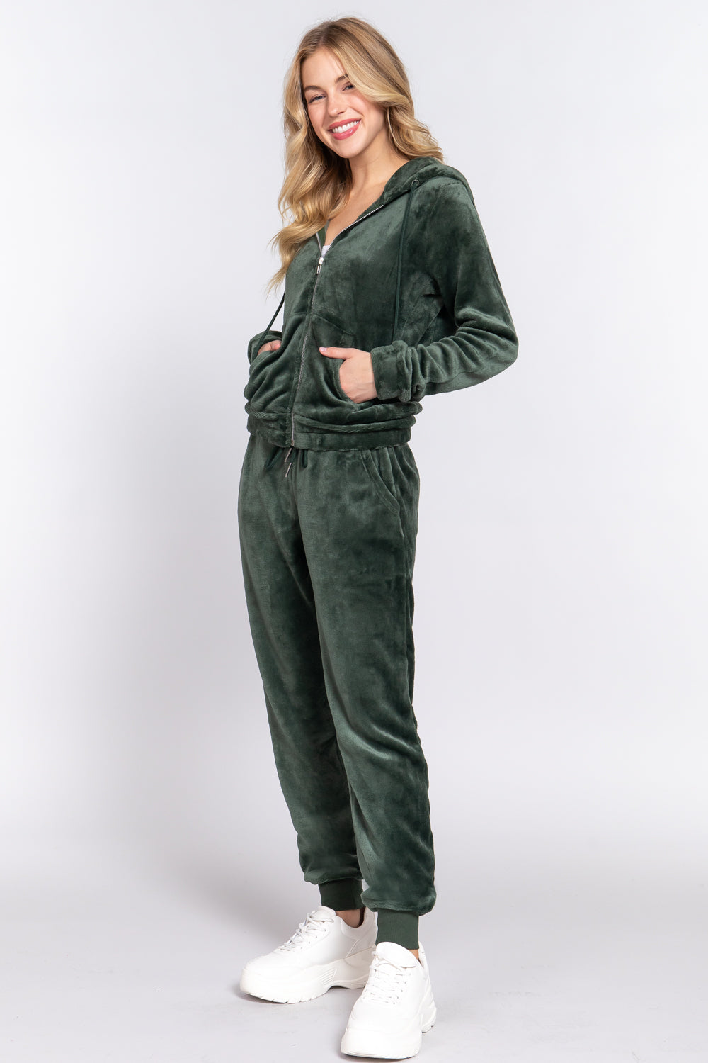 Women's Long Sleeves Hoodie Drawstring Zip-Up Faux Fur Velour Jogger Pants Set