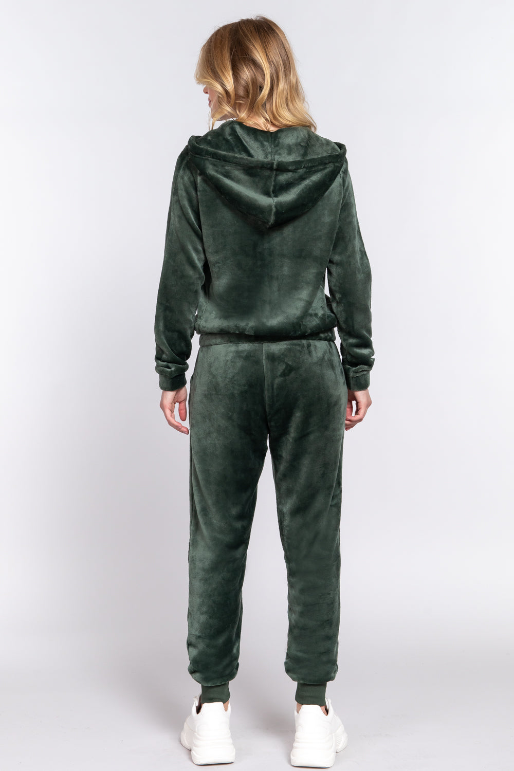 Women's Long Sleeves Hoodie Drawstring Zip-Up Faux Fur Velour Jogger Pants Set