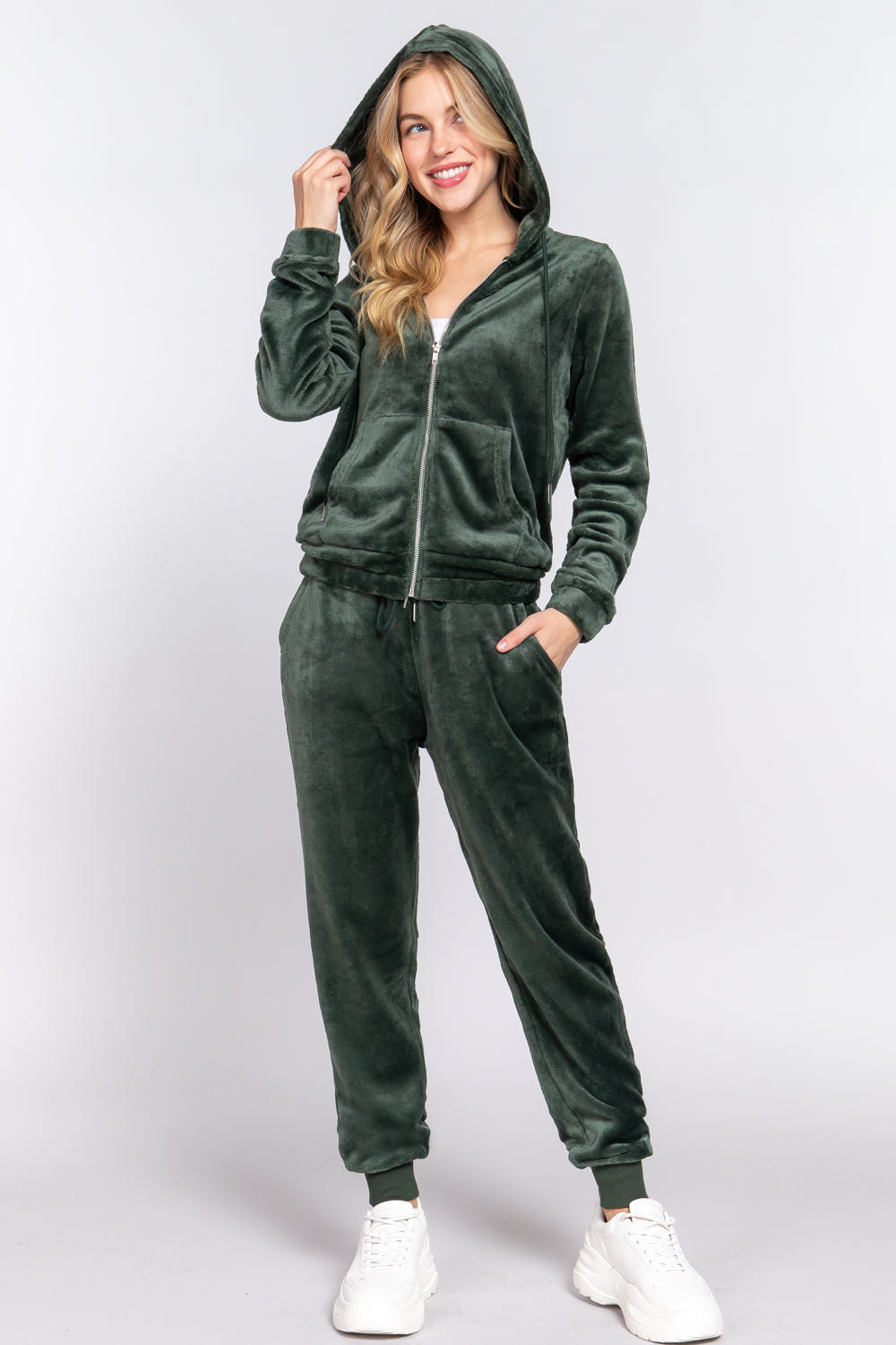 Women's Long Sleeves Hoodie Drawstring Zip-Up Faux Fur Velour Jogger Pants Set