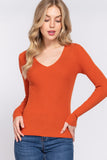 Women's Long Sleeve V-Neck Fitted Viscose Ribbed Sweater