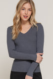 Women's Long Sleeve V-Neck Fitted Viscose Ribbed Sweater