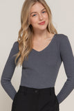 Women's Long Sleeve V-Neck Fitted Viscose Ribbed Sweater