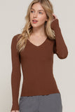 Women's Long Sleeve V-Neck Fitted Viscose Ribbed Sweater