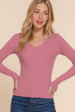 Women's Long Sleeve V-Neck Fitted Viscose Ribbed Sweater