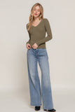 Women's Long Sleeve V-Neck Fitted Viscose Ribbed Sweater