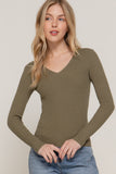 Women's Long Sleeve V-Neck Fitted Viscose Ribbed Sweater