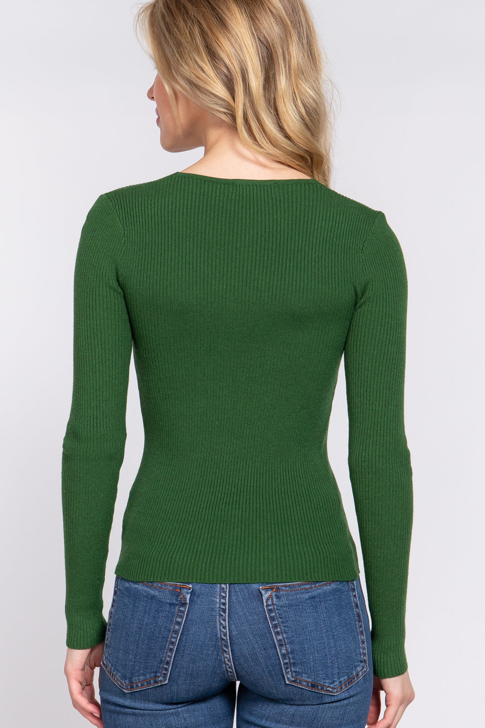 Women's Long Sleeve V-Neck Fitted Viscose Ribbed Sweater