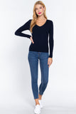 Women's Long Sleeve V-Neck Fitted Viscose Ribbed Sweater