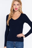 Women's Long Sleeve V-Neck Fitted Viscose Ribbed Sweater