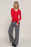 Women's Long Sleeve V-Neck Fitted Viscose Ribbed Sweater