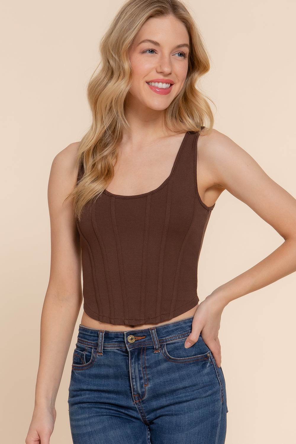 Women's Curved Hem Lined Knit Boned Corset Crop Top