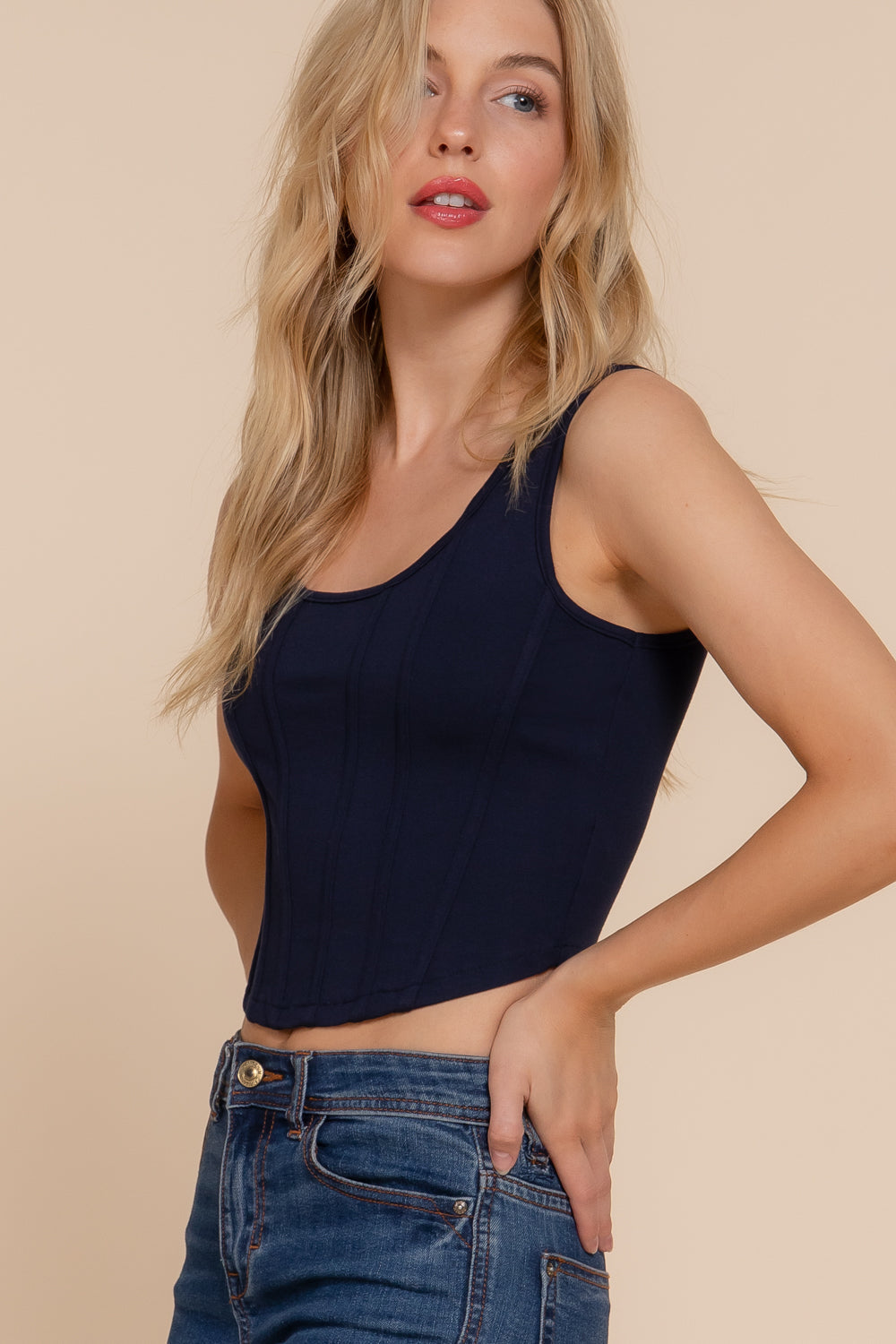 Women's Curved Hem Lined Knit Boned Corset Crop Top