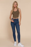Olive knit tank top with curved hem