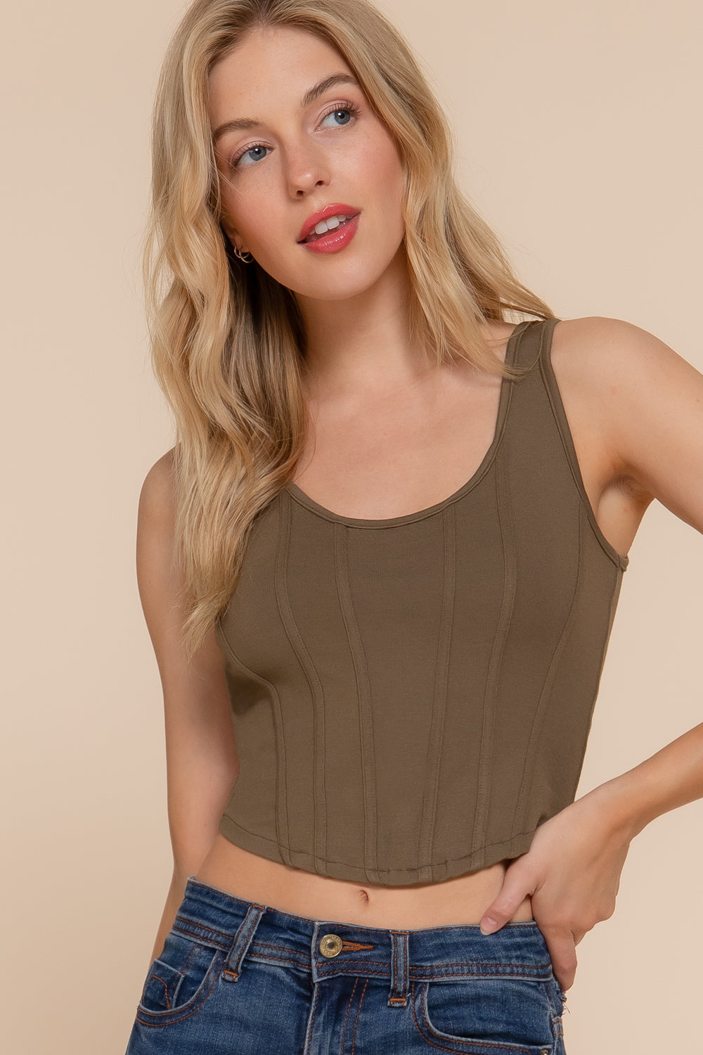 Women's Curved Hem Lined Knit Boned Corset Crop Top