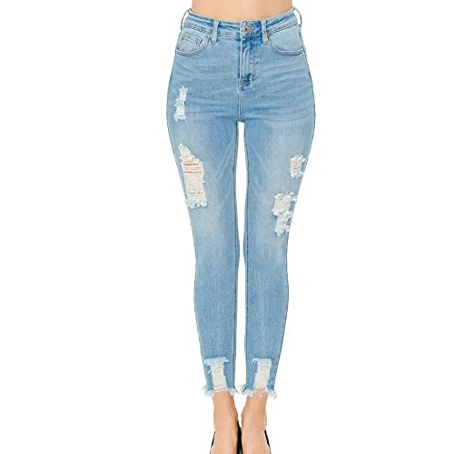 Women's High Rise Skinny 5-Pocket Hem Destruction Light Denim Jeans_0