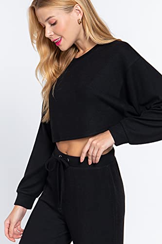 Women's  Long Dolman Sleeves Crew Neck Hacci Crop Top