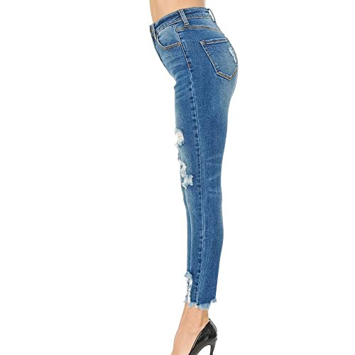 Women's High Rise Skinny 5-Pocket Hem Destruction Light Denim Jeans_0