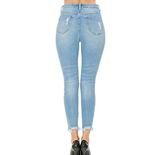 Women's High Rise Skinny 5-Pocket Hem Destruction Light Denim Jeans_0