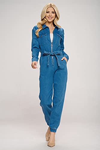 Women's Collar Denim Fitted Utility Jumpsuit with Pockets