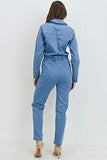 Women's Casual Long Sleeve Denim Jumpsuit Zipper Closure with Smocking details At Waist