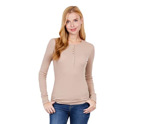 Women's Round Neck Long Sleeves Henley Thermal Knit Top