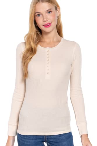 Women's Round Neck Long Sleeves Henley Thermal Knit Top