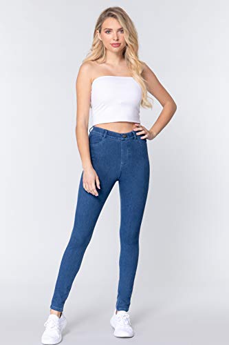 Women's Tack Button Knit Denim Full Length Blue Denim Jeggings